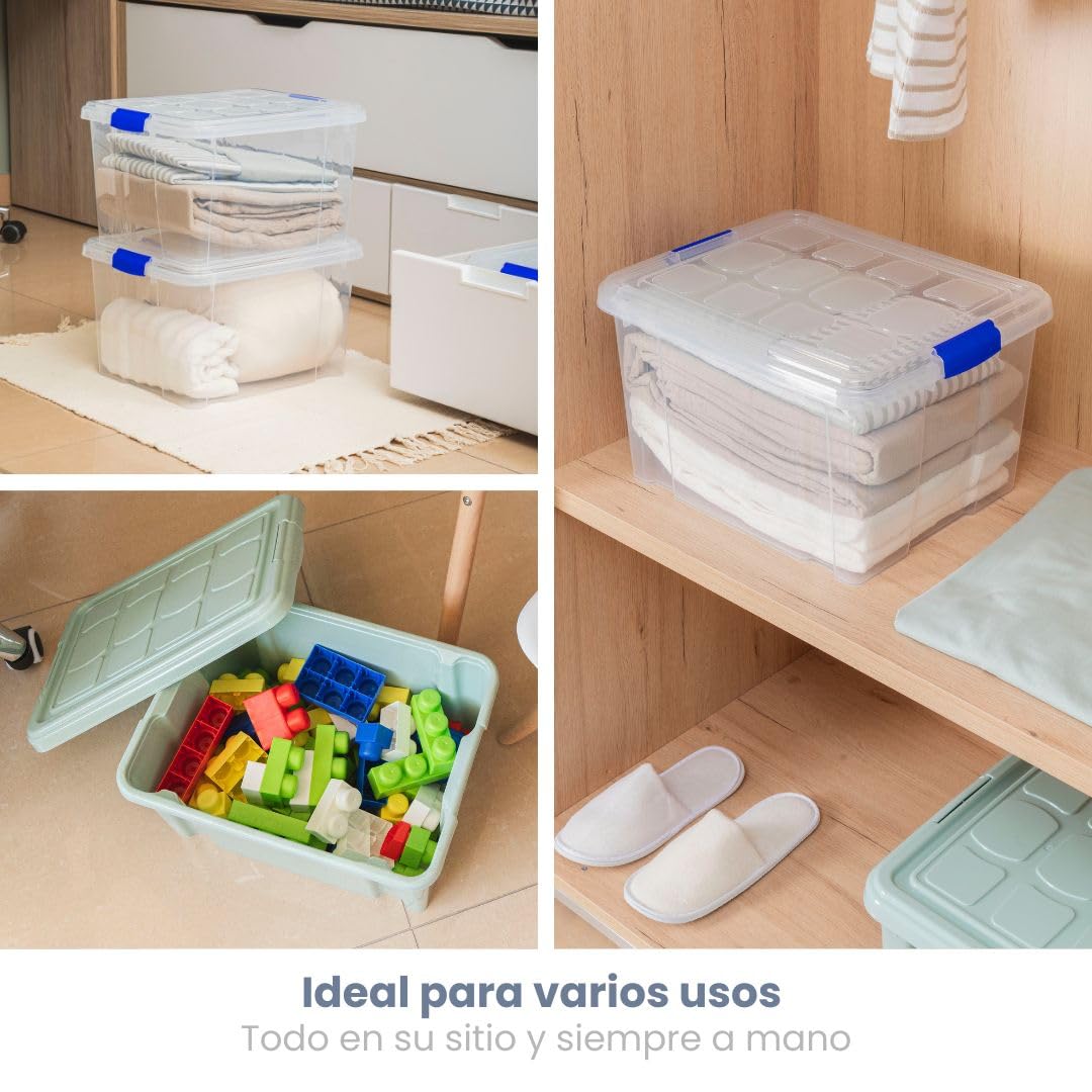 PlasticForte – Pack de Cajas de Almacenamiento de 25 y 16 L con Tapa - Plástico Resistente, Apilables y Transparentes - Organizador (Azul, Pack 4, 25, Litros)