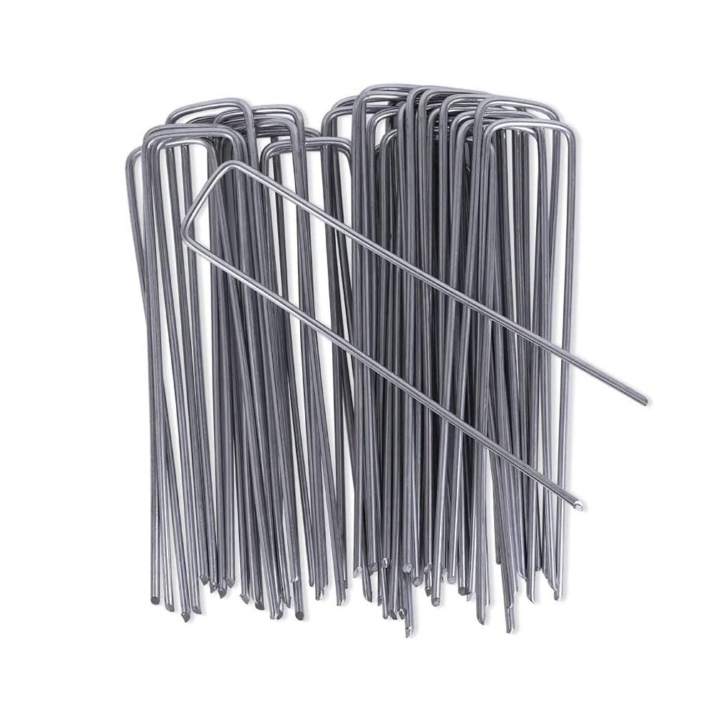 OUNUO 100 Picchetti Giardino Zincato, Picchetti Telo Pacciamatura, Anti Ruggine a Forma di U, Picchetti Rete Giardino per Reti Recinzioni Erba, Reti, Recinzioni, 150mm x 25 mm, Ø 3 mm