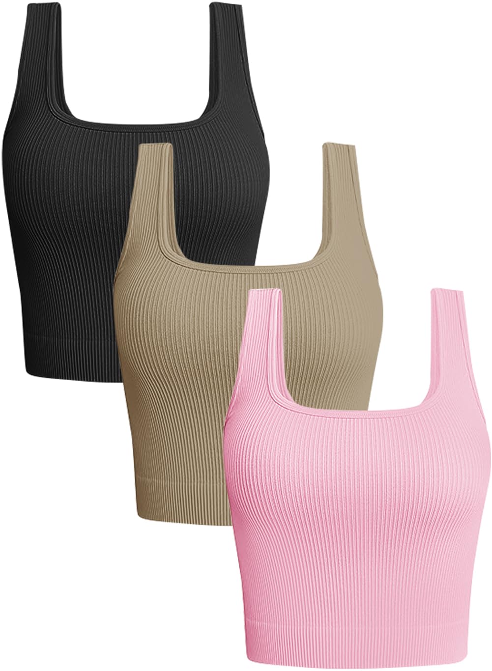 OLCHEE Womens 3 Pack Crop Tank Tops Basic Seamless Ribbed Sleeveless Square Neck Workout Top Summer Exercise Yoga Gym Shirts