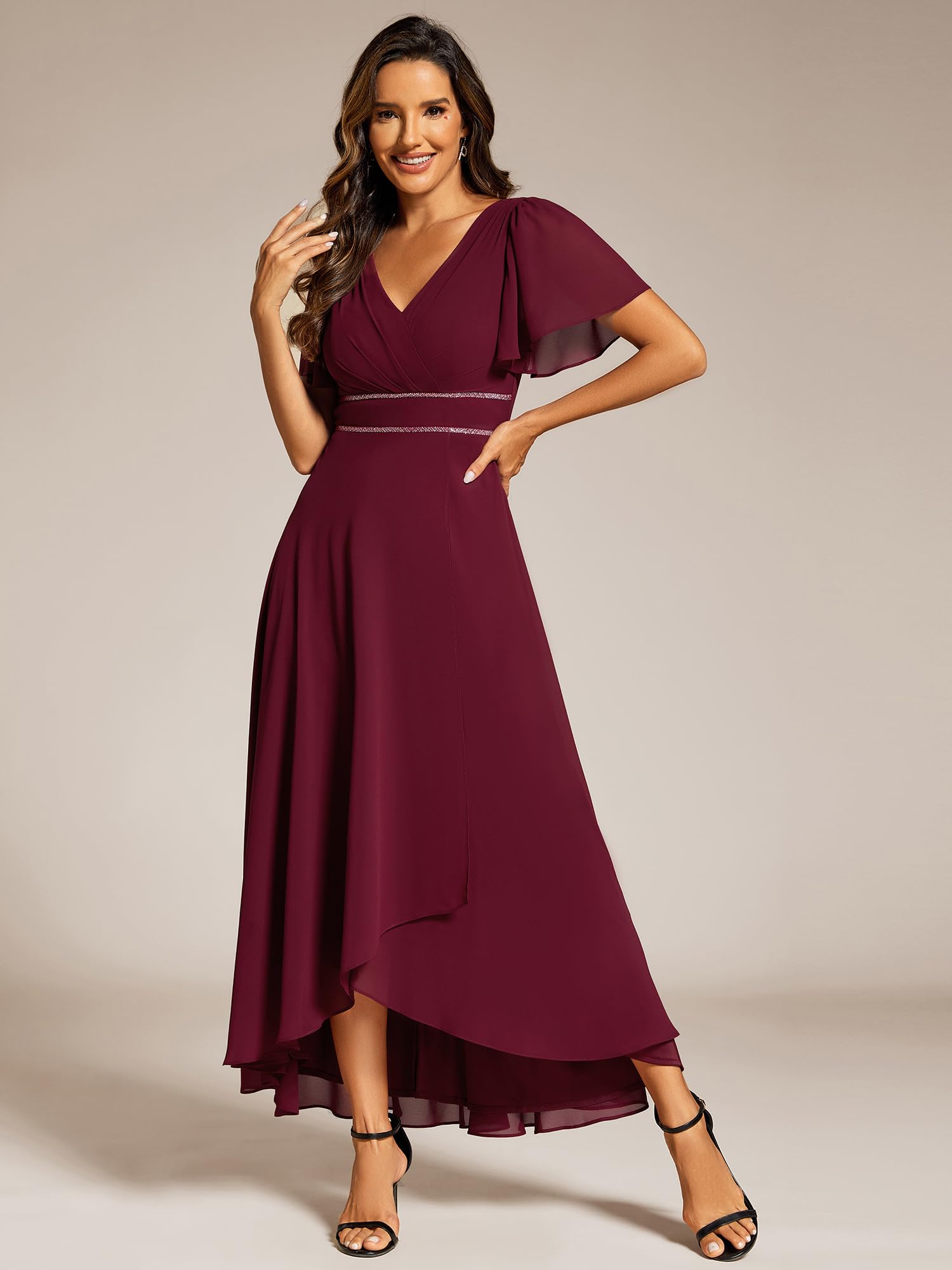 Ever-Pretty Vestido de Noche para Mujer Largo Gasa Mangas con Volantes Cuello en V para Ceremonia EE41981-P