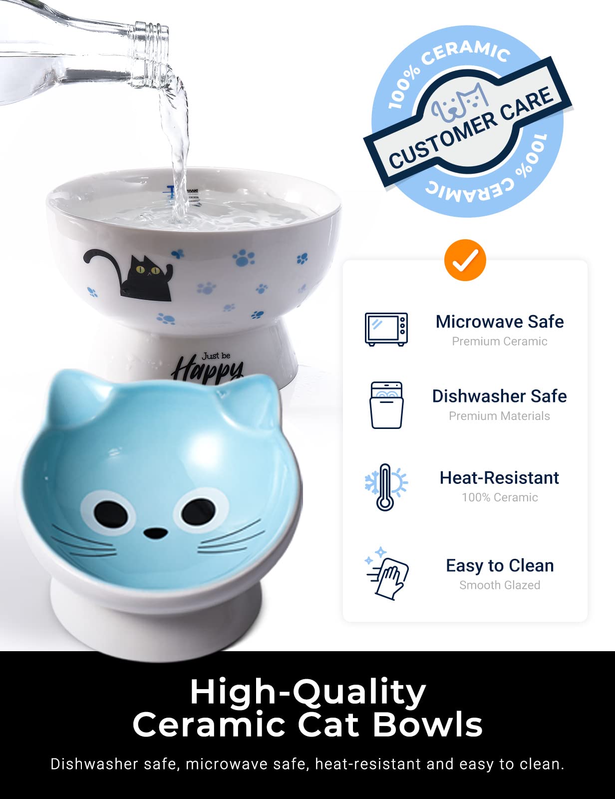 AISBUGUR Ceramic Cat Bowls Raised Cat Food Bowl 15?? Tilted Protect Cat's Spine, Stress Free, Prevent Vomiting, Cat Dishes for Food and Water Set of 2,Blue