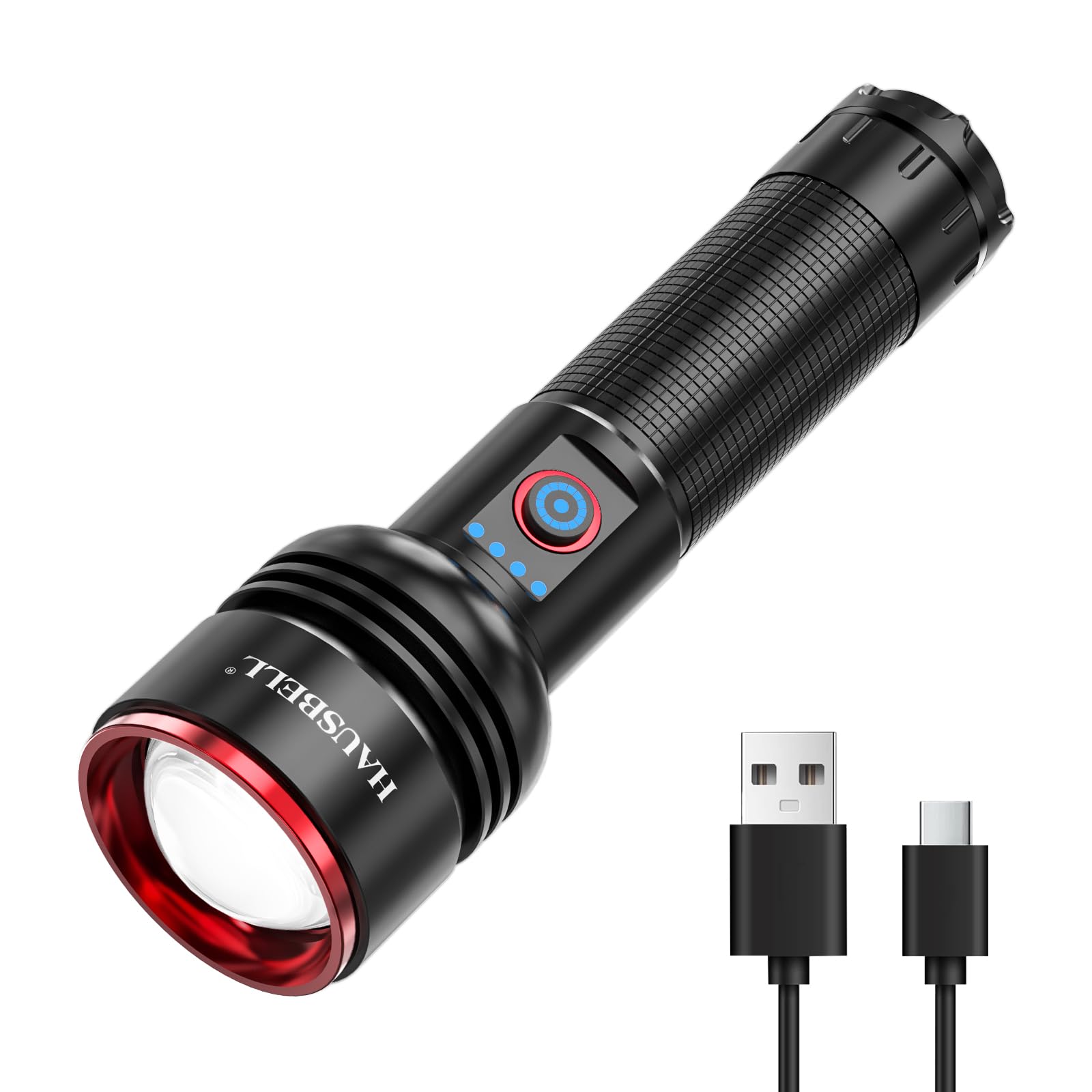 HAUSBELL S5000 Rechargeable 3500 High Lumen Flashlight, Zoomable LED Flashlights with 2 Lighting Modes, EDC Flashlight with Power Display & Magnetic Base, Type-C Charge