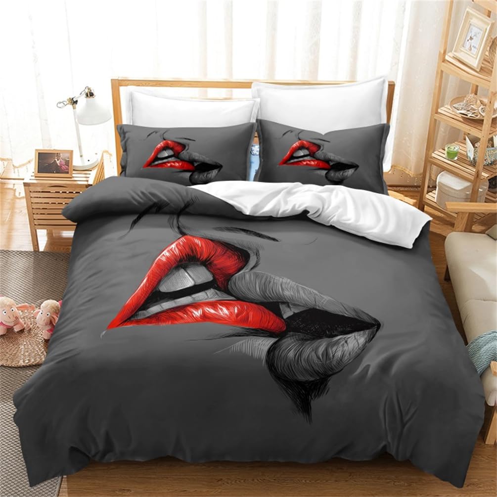 Tomifine Kisses Duvet Cover Set Love Romantic Style Bedding Sexy Red Lips Duvet Cover Modern Room Decor (Double 200 x 200 cm,Red Grey)