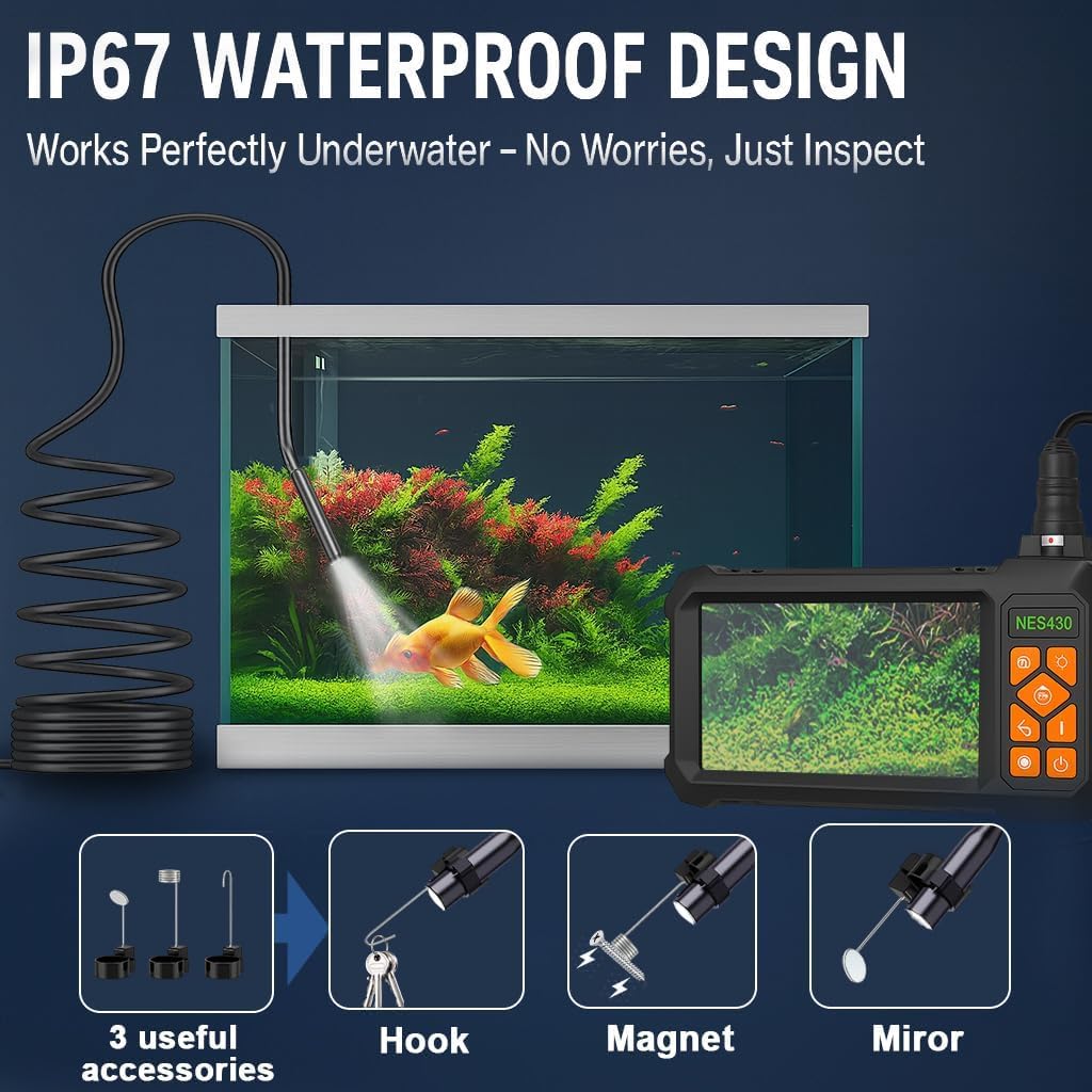 Endoscope Camera with Light, 1920P HD Borescope Inspection Camera with 4.3" IPS Screen, IP67 Waterproof with 8 LEDs & 16.5ft Semi-Rigid Snake Camera for Automotive Pipe Tools Gadgets for Men
