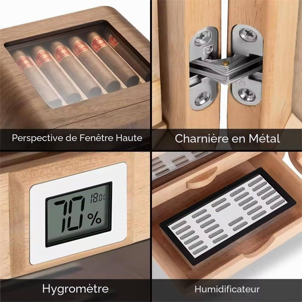 Cave à Cigares, Vitrine En Verre, Boîte De Rangement En Bois De Noyer, 4 Tiroirs, Capacité D'environ 110 Cigares, Pour Homme,A