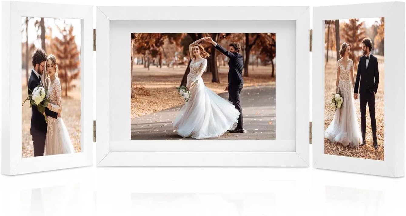 3 Collage Picture Photo Frame - Folding Collage Photo Frames Multiple Wooden Desk Picture Frames for Office Tabletop(B)