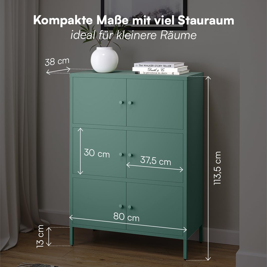 skølm Atriona Metall Kommode – Sideboard mit 3 Fächern & 6 Türen – Metallschrank in Dunkelgrün – Mehrzweckschrank – Highboard 80 cm breit – höhenverstellbare Füße – Aufbewahrungsschrank – Flurschrank