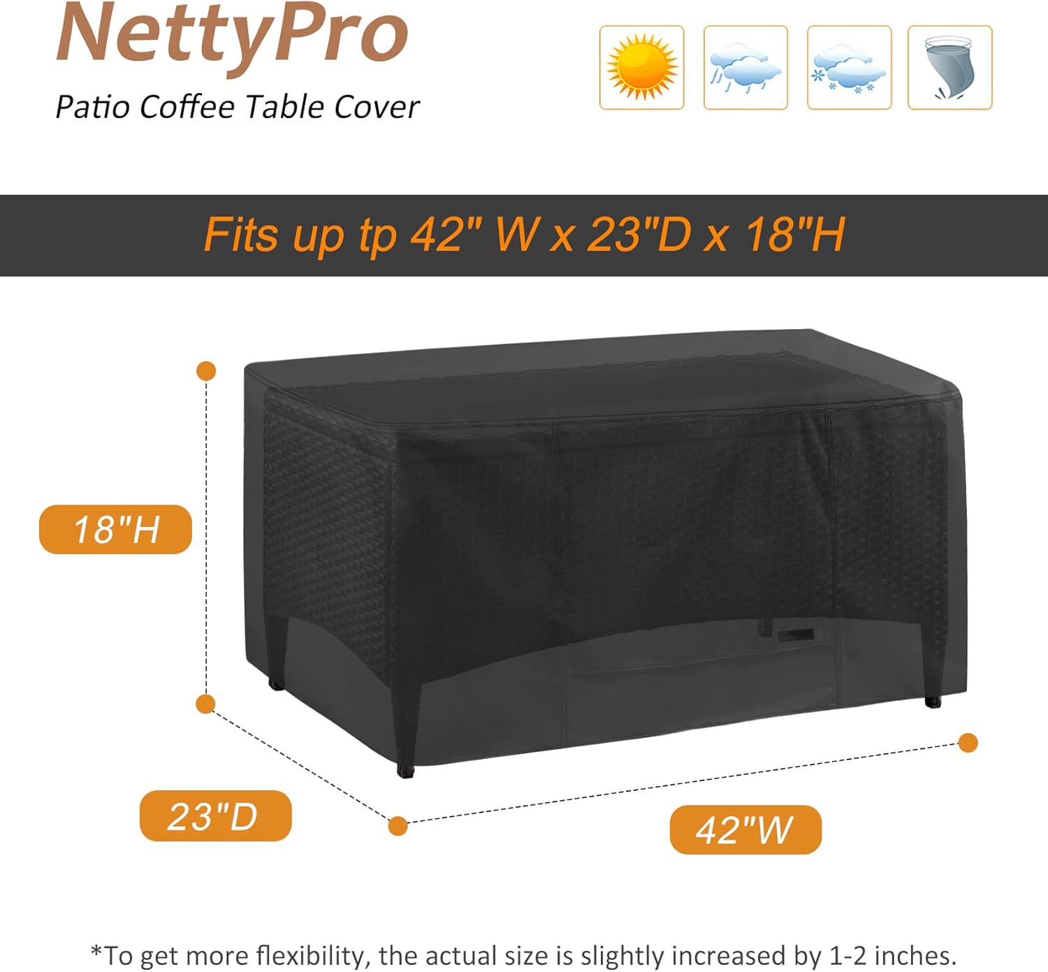 NettyPro Patio Coffee Table Cover Rectangle, Waterproof Outdoor Furniture Small Side Table Cover Rectangular, 42x24x18 inch, Black