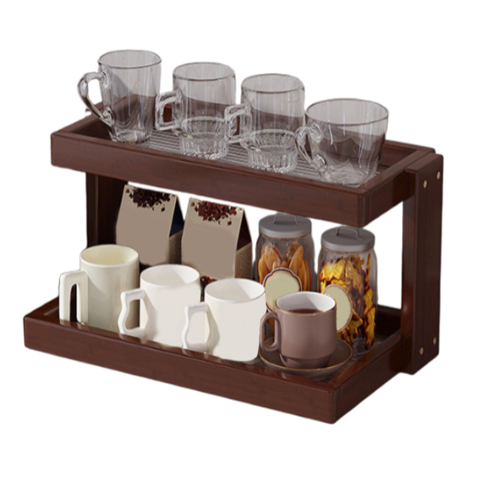UCK-KIT Coffee Station Organizer, Wooden Mug Holder Countertop, Kitchen Counter Shelf for Tea Coffee Bar Accessories, Matcha Stand, Cup Display, Condiment Storage Rack,Primary color,2*Tier