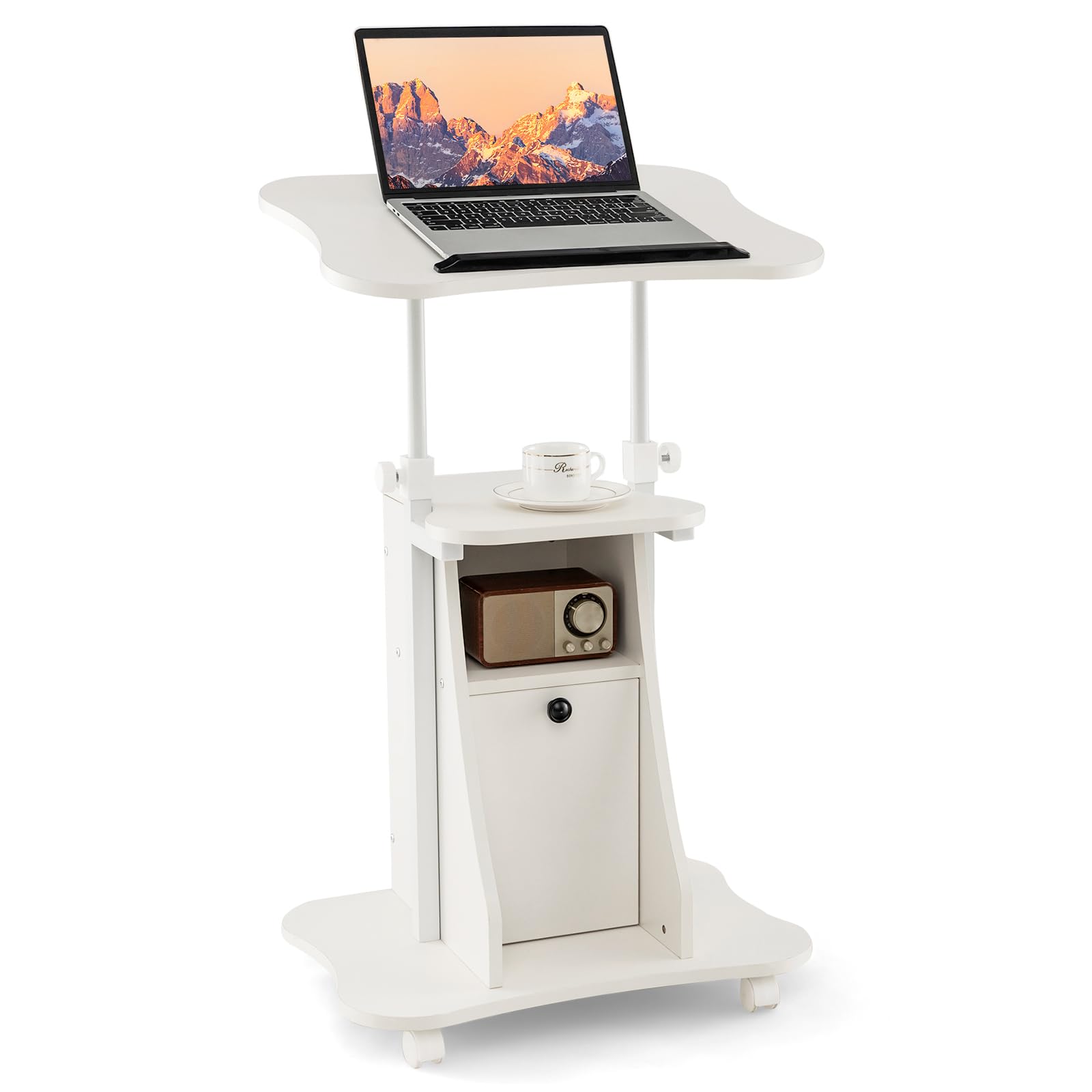 GYMAX Podium Roulant pour Ordinateur, Pupitre Plateau Inclinable 180°, Hauteur Réglable, Compartiments de Rangement, roulettes Verrouillables, Bureau Assis-Debout pour Maison, Bureau, École (Blanc)