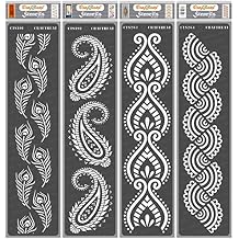 CrafTreat Reusable Paisley Stencils for Painting on Wood, Paper, Floor and Wall - Peacock Feathers Border, Paisley Border, Border VII and Border VIII - 4 Pcs - 3x12 Inches Each - DIY Craft Stencils