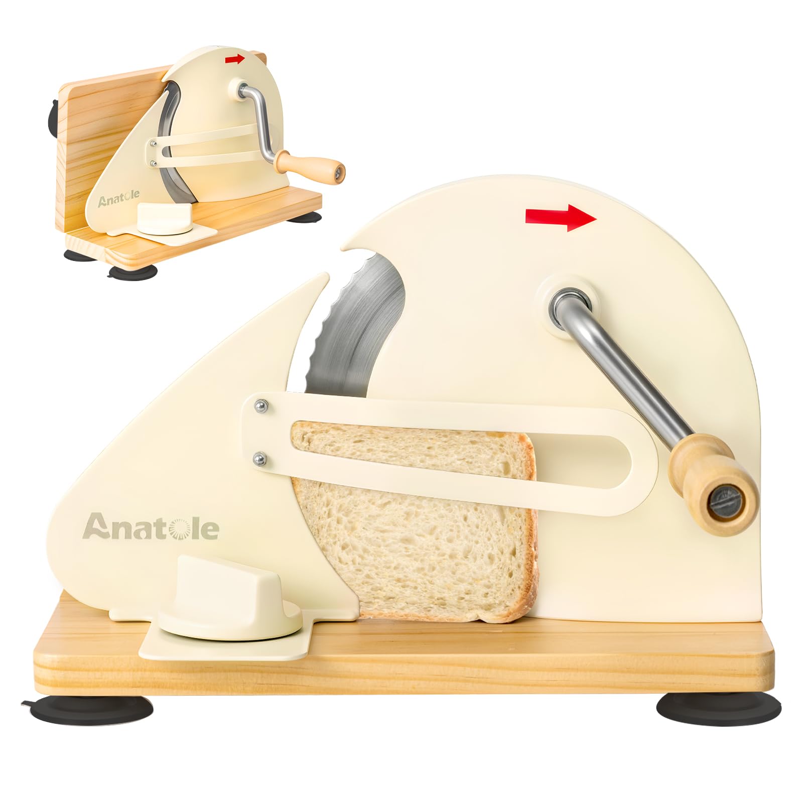 Anatole Affettatrice per Pane Manuale Pieghevole Acciaio Inox 0-20mm | Taglia Pane a Fette Professionale Piccola, 6 Ventose, Base&Manovella in Legno, Guida Metallica Rimovibile, per Toast Baguette