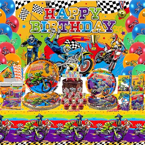 Ywediim Suministros para Fiesta de cumpleaños de Moto de Cross, Incluye telón de Fondo de Feliz cumpleaños, Plato, para niños, Motocicletas, Deportes Extremos, Decoraciones, Sirve 20, Juego a