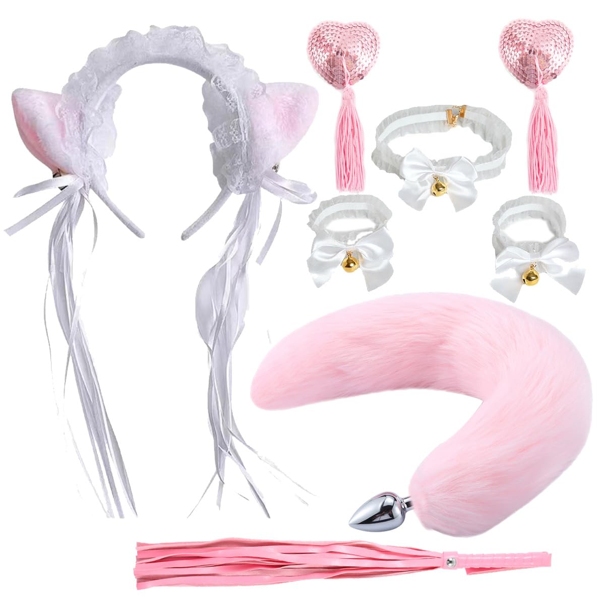 Animal Cosplay Costume Accessory Set Plush Tail Plug Fox Ears Hair Band Leather Whip Neck Collar Bowtie Handcuff Bracelet 7PC