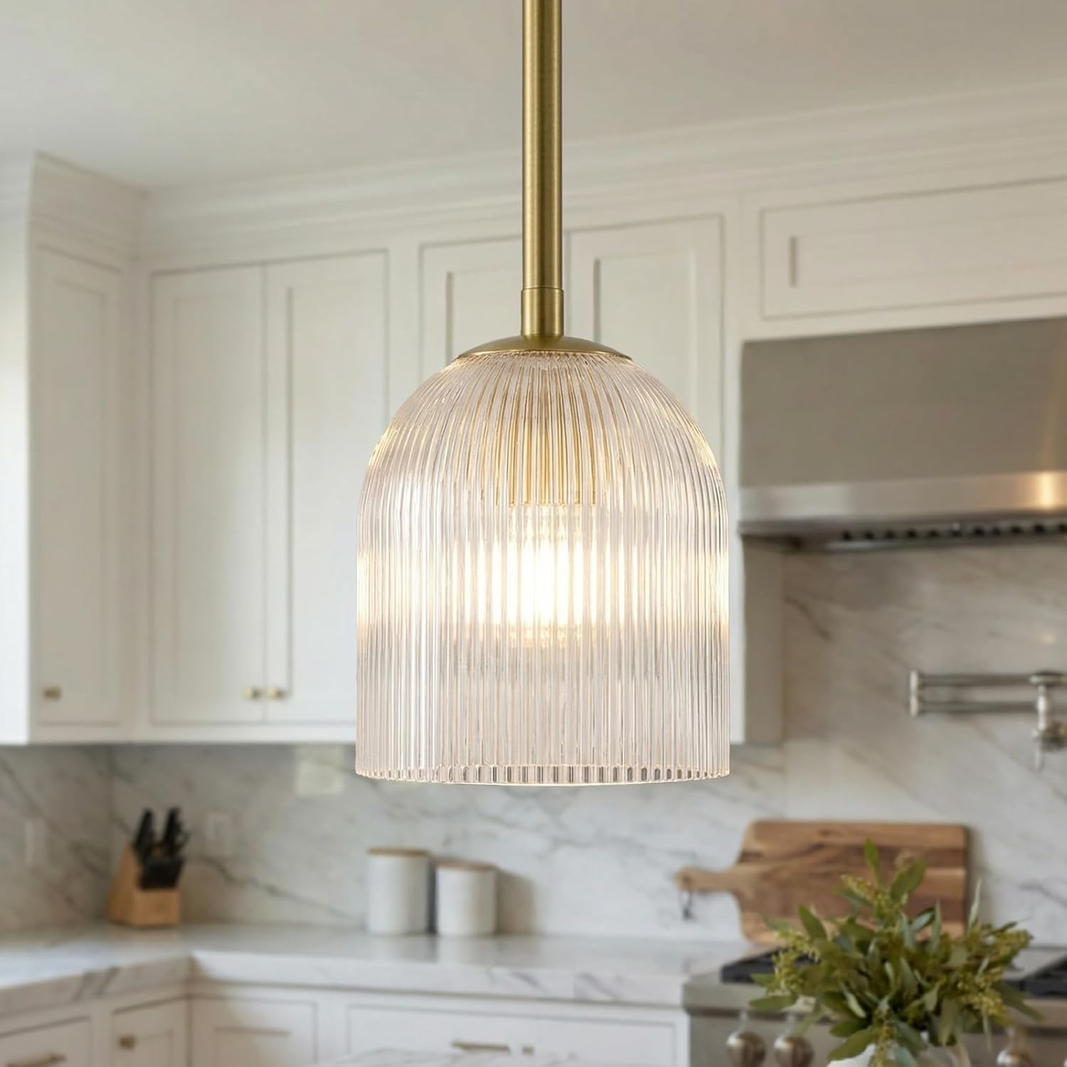 Ribbed Glass Pendant Light Fixture 5 Inch- Clear Vintage Industrial Shade, Adjustable Canopy for Sloped Ceilings, Kitchen Island Lighting, Dining Room & Home Decor Hanging (4.7" Dia x 5.1" H)