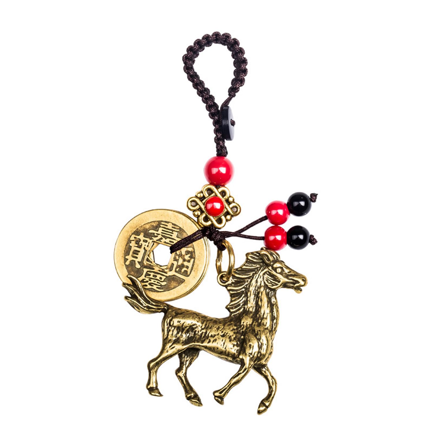 Mansiyuyee Brass 12 Chinese Zodiac Statue Keychain with 5 Feng Shui Coins, Zodiac Animals Charm Key Ring