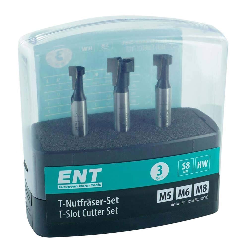 ENT 09003 Set da 3 pz. Frese per scanalature a T M5, M6, M8, codolo (S) 8 mm, in metallo duro, profili per scanalature a T per viti esagonali con filettatura metrica, frese legno