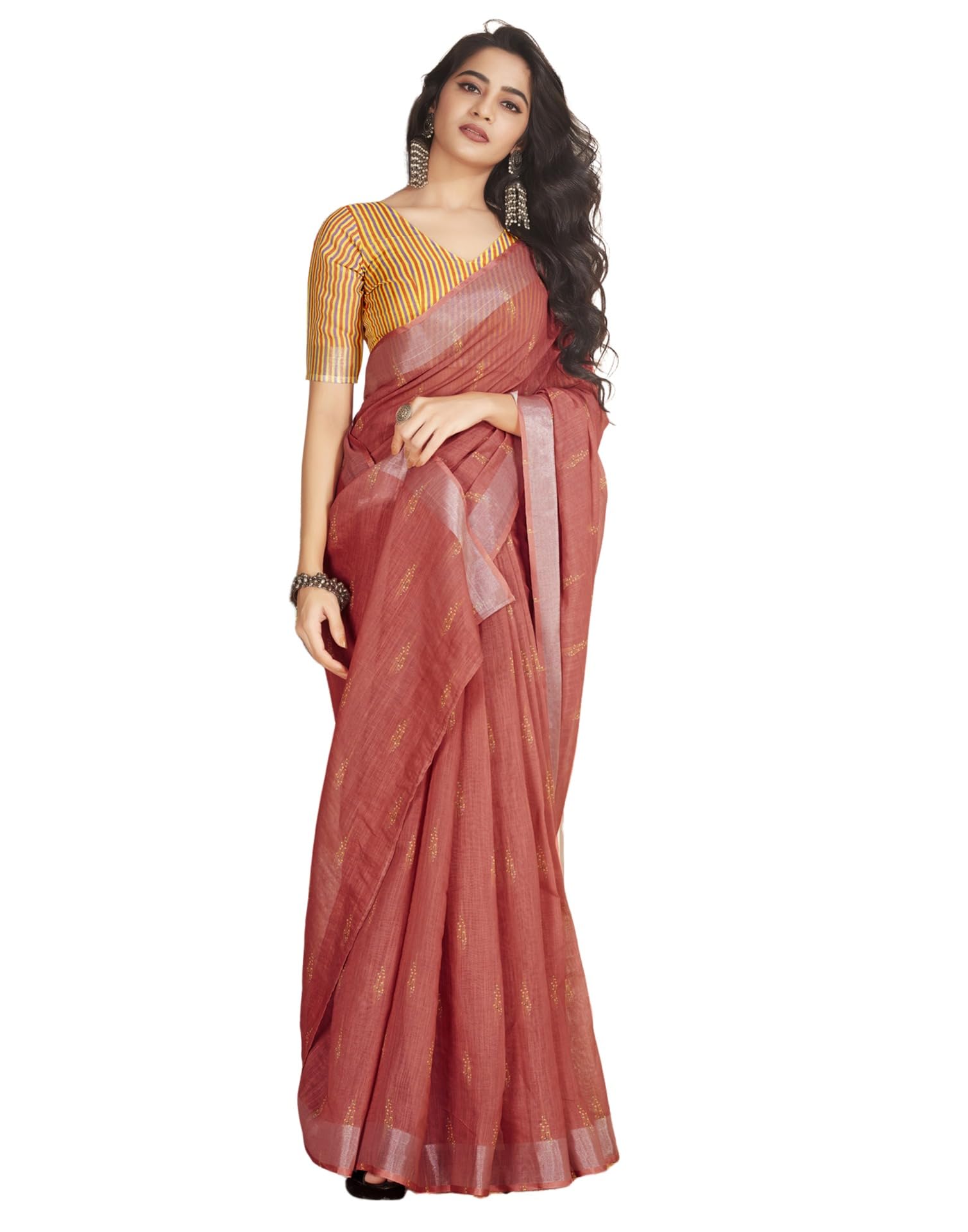Women's Cotton Printed Zari Striped Ready to Wear One Minute Saree With Unstitched Blouse Piece