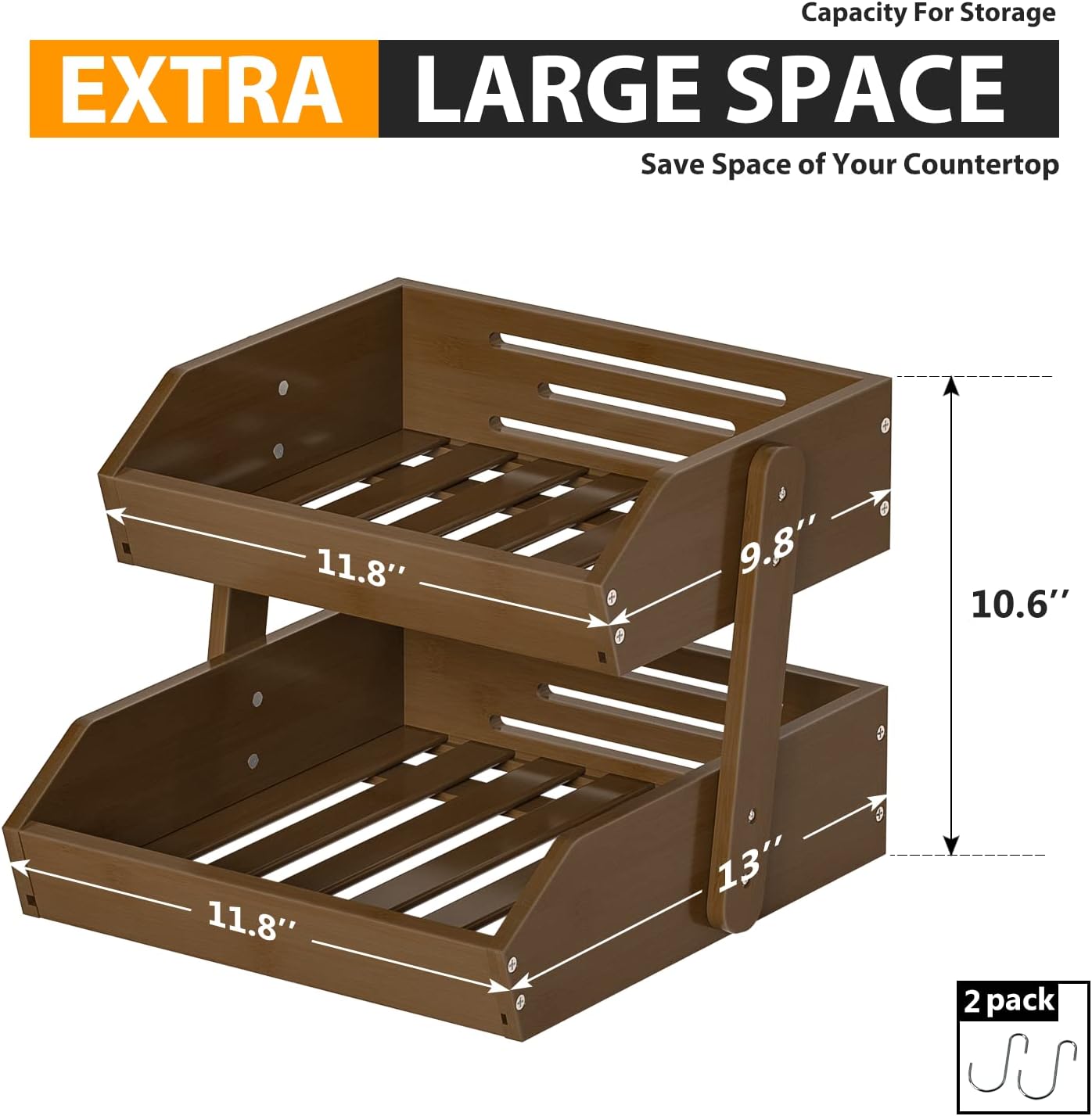 Bamboo Fruit Basket for Kitchen – 2 Tier Fruit Bowl For Kitchen Counter, Large Fruit Holder With 2 Banana Hangers, Idea For Fruit and Vegetable Storage, Bread Basket, Snack Organizer(WALNUT) - Image 3