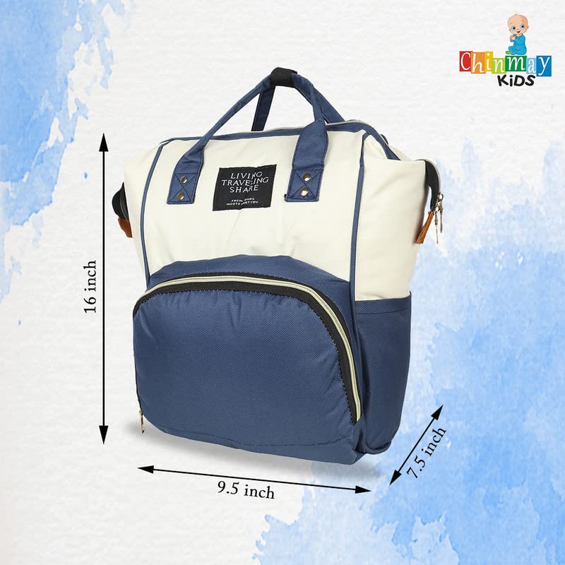 Image of Chinmay Kids Baby Diaper Backpack for New Born Baby Mother /Mom Stylish Polyester Organizer Bag for Casual Travel Outing & Traveling (White Blue, 16 X 9.5 X 7.5 in)