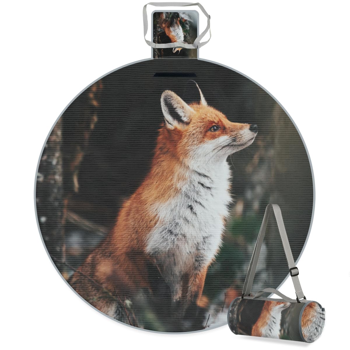 Shimoshe Forest Fox Picnic Outdoor Blanket Foldable Waterproof Sandproof Beach Blanket Portable Water-Resistant Animal Fox Round Picnic Mat for Travel Camping Park Lawn
