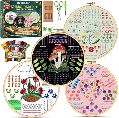 Moni Crafts - Embroidery Kit for Beginners Adults – Learn 41 Stitches with Complete Starter Kit, 4 Pre-Printed Patterns, Threads, Needles & Hoop – Hand Embroidery Kit with Video Tutorials