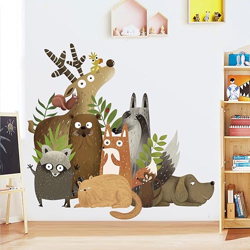 Miniatura 6 de Calcomanías de pared de animales de dibujos animados, decoración de bosque encantador, selva, animales, murales de pared extraíbles, murales de