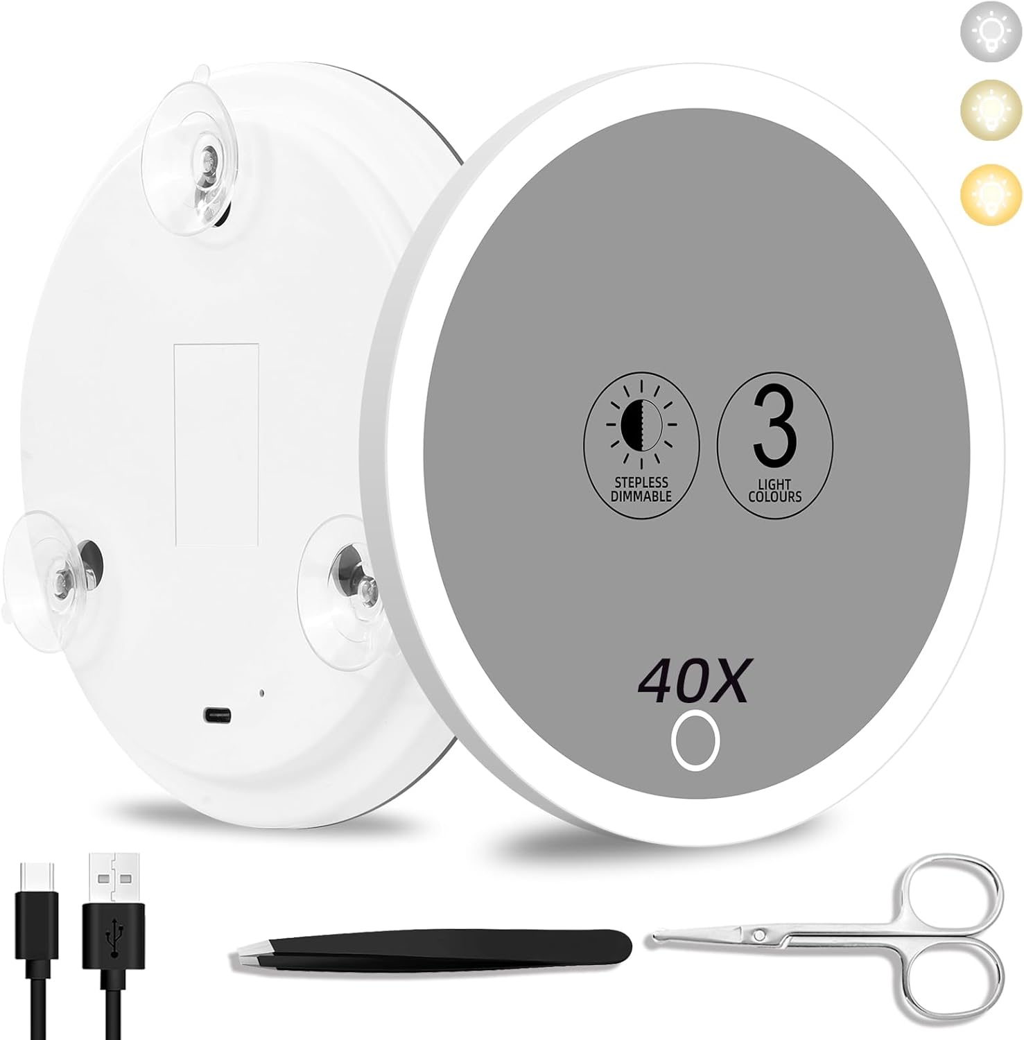 40x Magnifying Mirror with Light, 6inch Lighted Makeup Mirror with 3 Suction Cups, Travel Magnifying Mirror 40x with Light, High Magnification Makeup Mirror with Tweezers & Scissors Sets