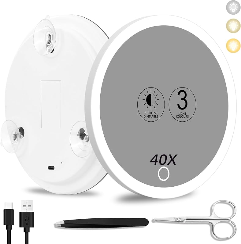 Espelho de maquiagem Suupvaor 40x com luz, 15,24 cm, 3 ventosas, bateria recarregável, pinça e tesoura