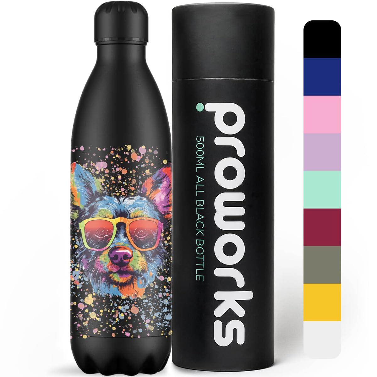Proworks Botellas de Agua Deportivas de Acero Inoxidable Cantimplora Termo, Doble Aislamiento 12 Horas Caliente y 24 Horas Frío 1L - Todo Salpicaduras de Pintura Negra - Perro