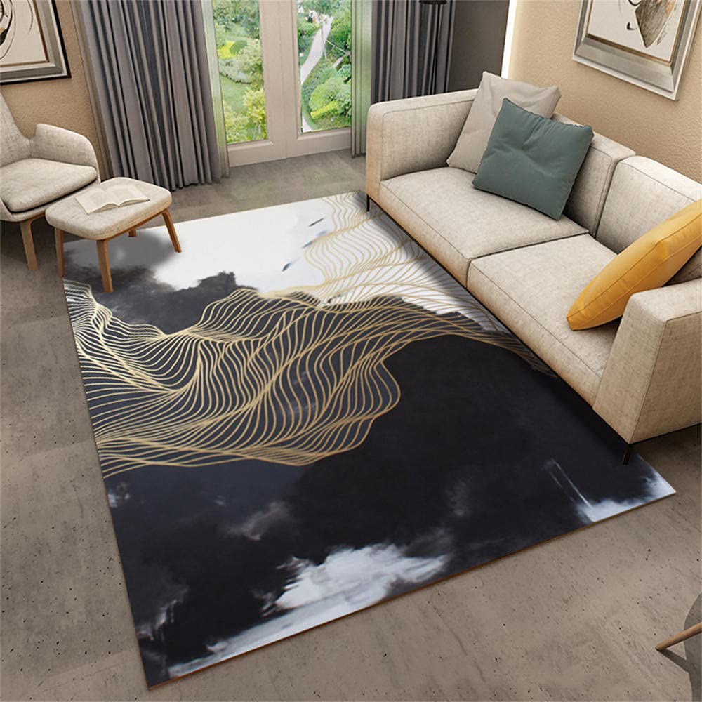 Tapis couloir long moderne aux motifs graphiques dorés et noirs abstraits 80x160