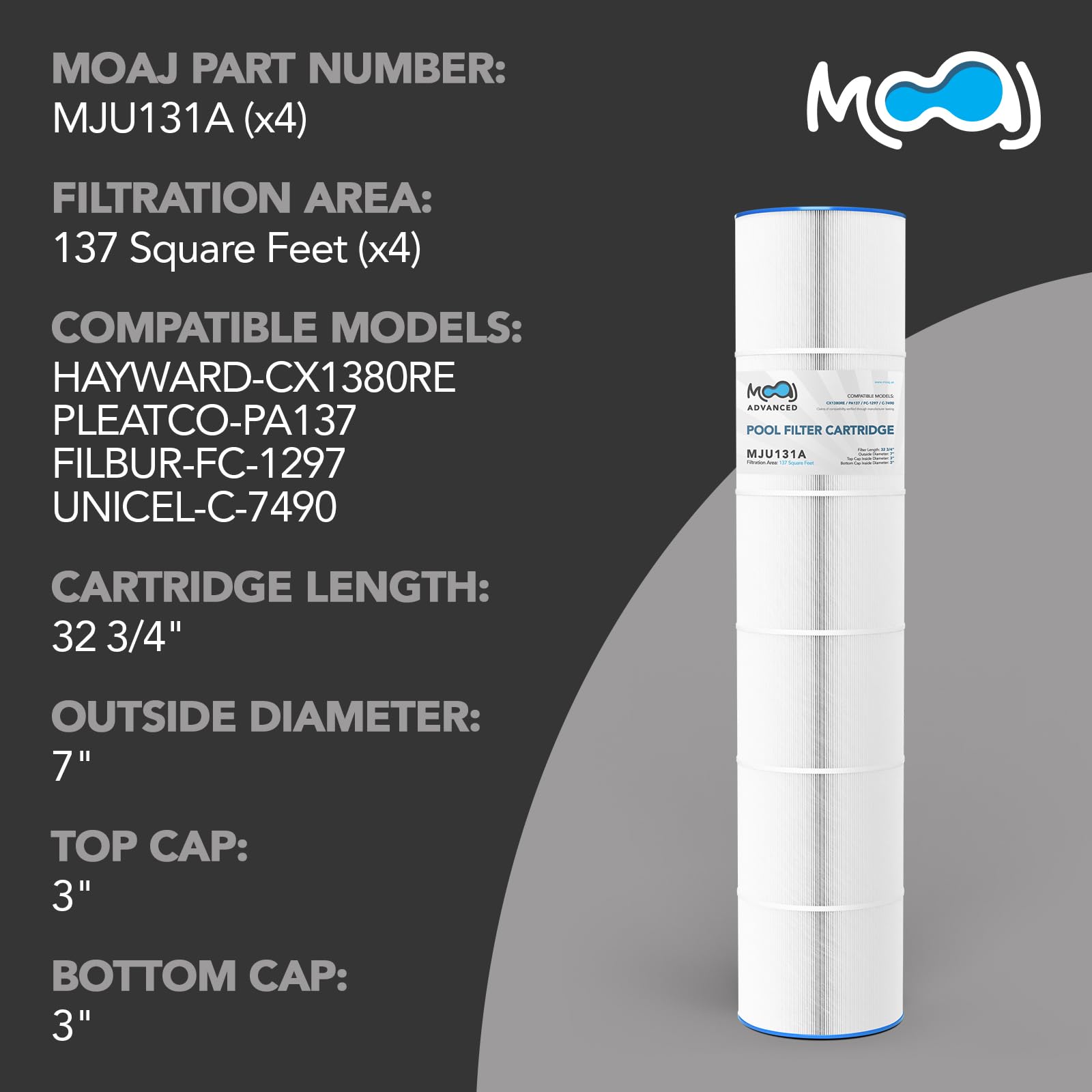 MOAJ Advanced Pool Filter 4-Pack Replaces Hayward CX1380RE, StarClear C-5500, SwimClear C-5520, PA137-4, Unicel C-7490, FC-1297, FC-6455 32 3/4
