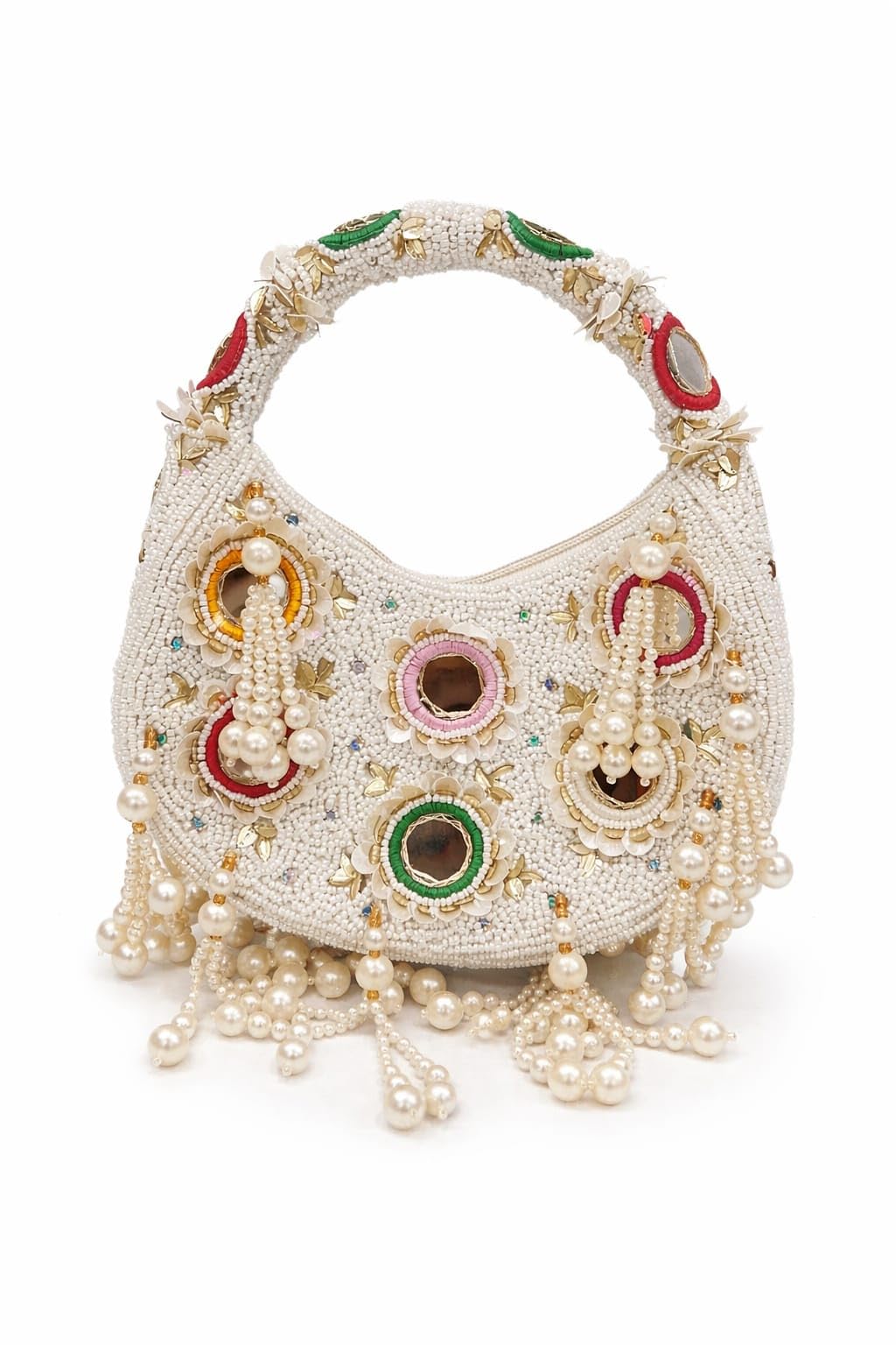 Handcrafted White Beaded Potli Bag with Mirror Work, Pearl Fringe, Floral Embroidery, Bridal Clutch-image-30