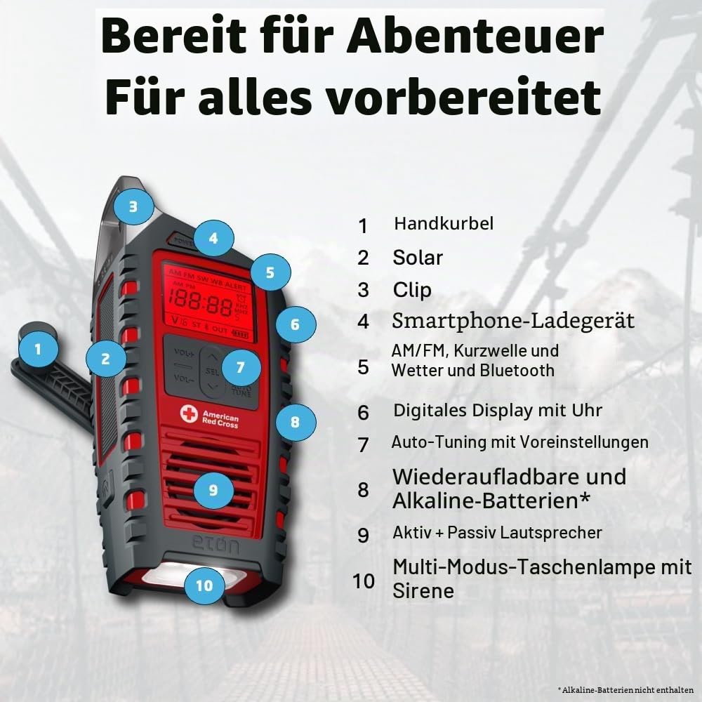 Eton American Red Cross Adventure Series Odyssey Multi-Band-Radio (AM/FM/NOAA/Kurzwelle) mit Bluetooth, solarbetrieben, batteriebetrieben, LED-Taschenlampe, Handy-Ladegerät