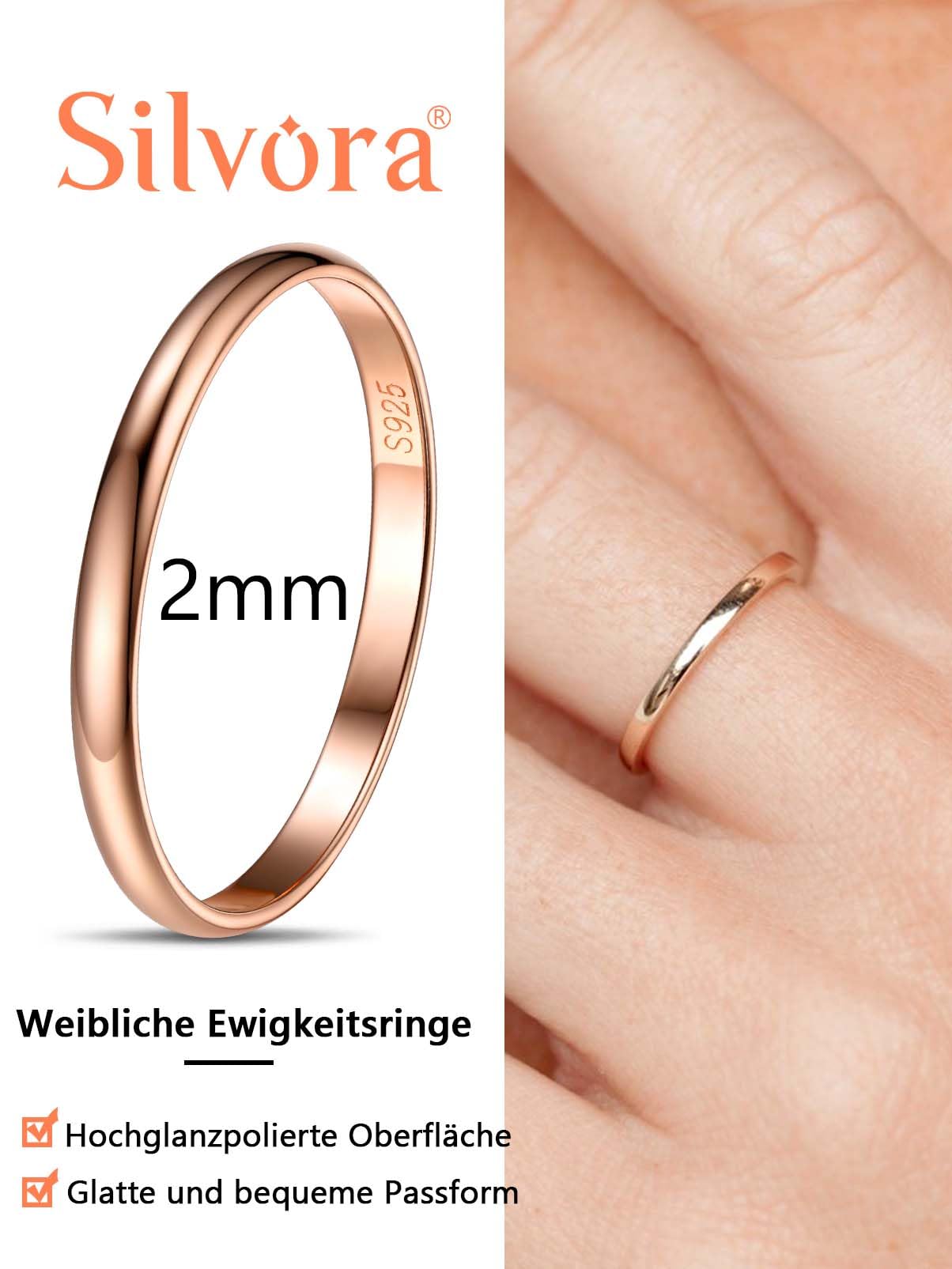 Silvora 925 Silber Damen Ring 2mm/3mm/5mm breit Personalisierter Fingerring mit Gravur Schlichter Verlobungsring Ehering Hochzeitsring in Silber/Rosegold/Schwarz Ringgröße 46.8(14.8)- 67.2(21.25)