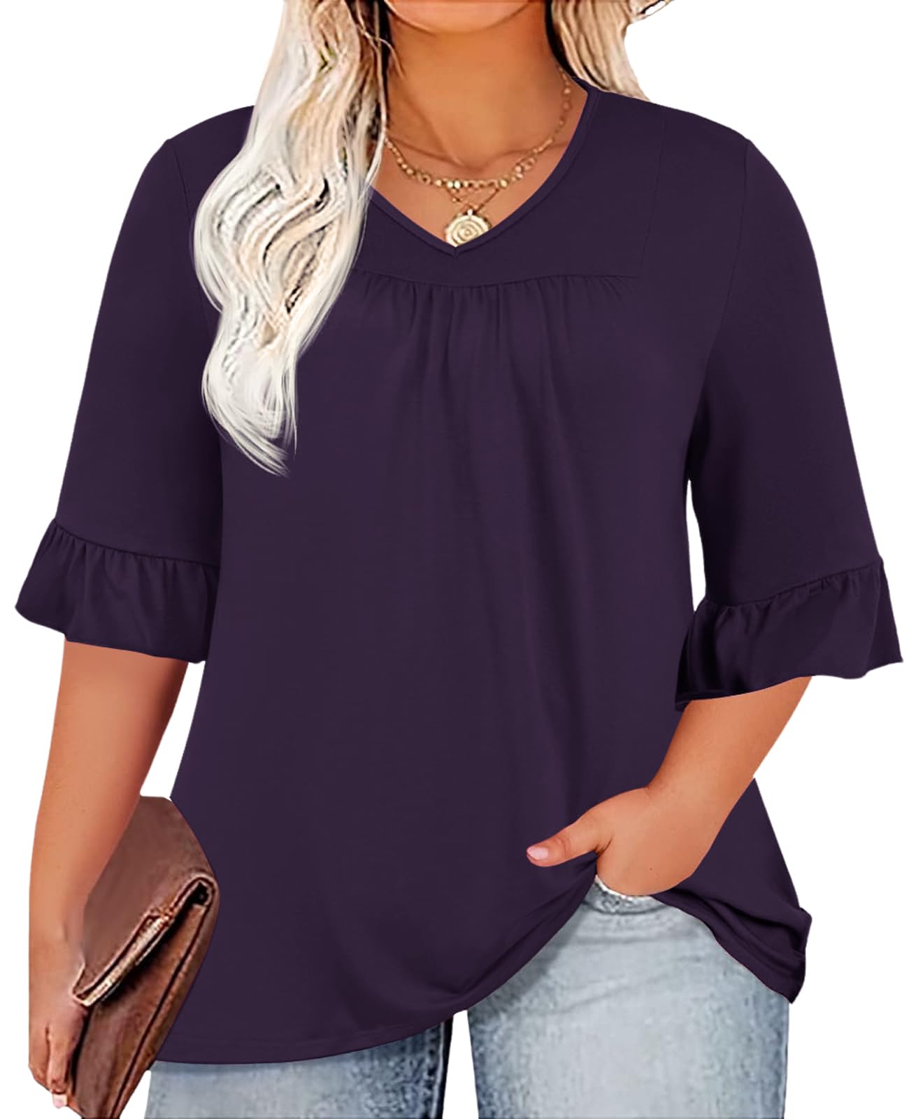 Chulianyouhuo Womens Plus Size Tops 3/4 Sleeve Casual Shirts V Neck Ruffle Loose Fit Tunic Blouse XL-5X