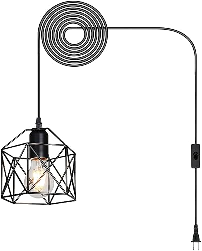 Miniatura 9 de Lámpara colgante industrial enchufable, luz de techo colgante de granja negra, lámpara de montaje en pared de jaula de metal vintage, 1 lámpara para