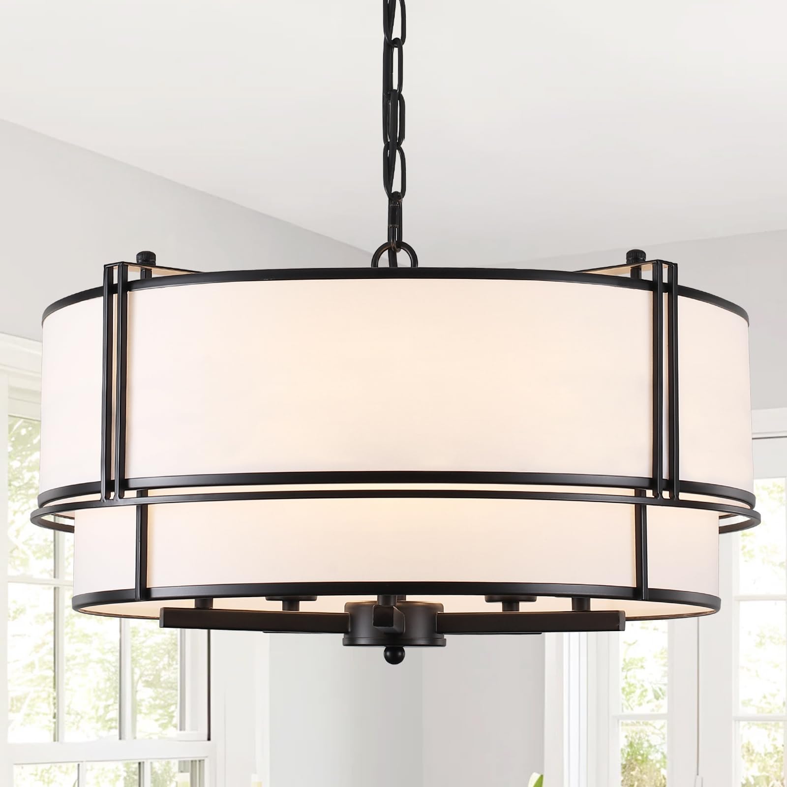 19.7" Drum Chandelier, Black Farmhouse Chandeliers for Dining Room 5-Lights Light Fixture Hanging Pendant Lighting with White Fabric Shade for Kitchen Living Room Foyer Entryway Bedroom