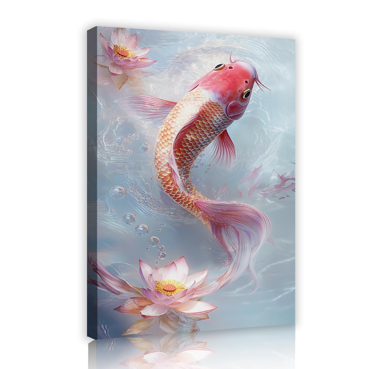 Via Vela Pink Koi Fish Canvas Wall Art Fantasy Asian Watercolor Lotus Flower Painting Whimsical Zen Decor for Living Room Bedroom Hallway 50x75cm