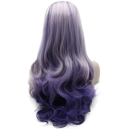 Miniatura 4 de Mxangel - Peluca sintética larga con raíces negras, dos tonos, color morado, atada a mano, con encaje frontal, fibra resistente al calor