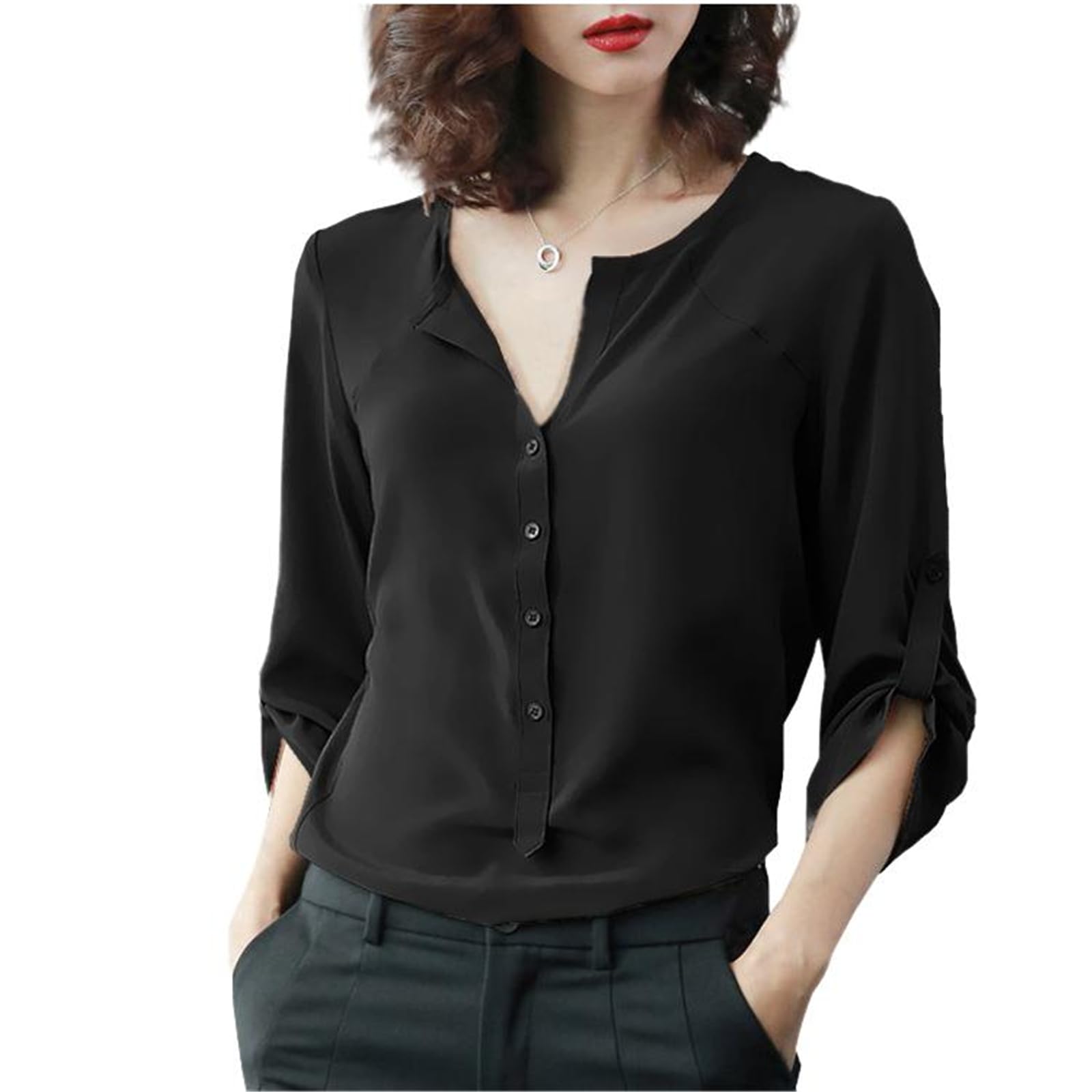 Top de Trabajo de Seda de Cuello Redondo y Manga Tres Cuartos para Mujer