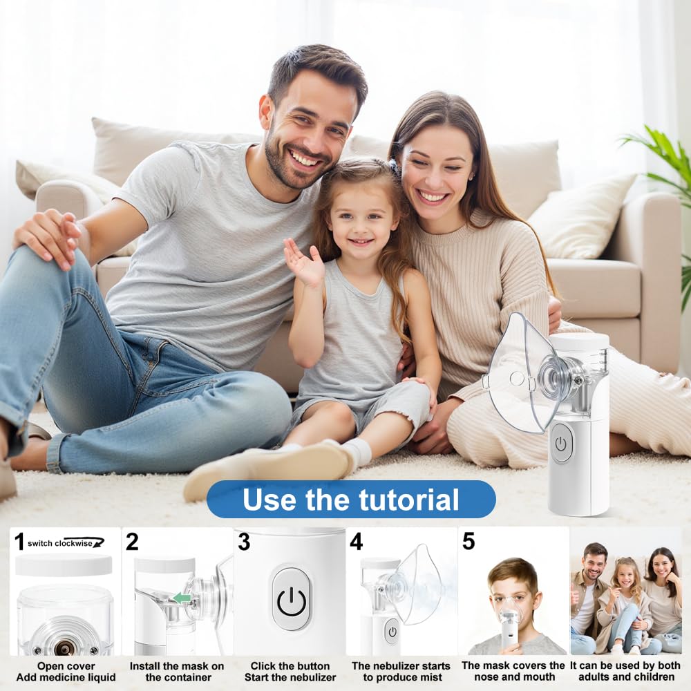 Aerosol portatile silenzioso, Aerosol bambini, Macchina aerosol adulti uso domestico è dotato di due maschere facciali e boccagli, Aereosol adatto per la casa e i viaggi（Bianco）