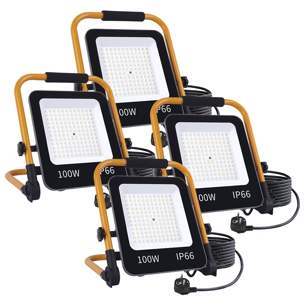 Faretto LED da Cantiere 100W,Fosingut Faro LED Portatile con Spina EU/Staffa Pieghevole/Cavo 2m/6500K,Impermeabile Proiettore Faretti LED per Banco da Lavoro Officina,Riparazioni Emergenza,Garage-4pcs