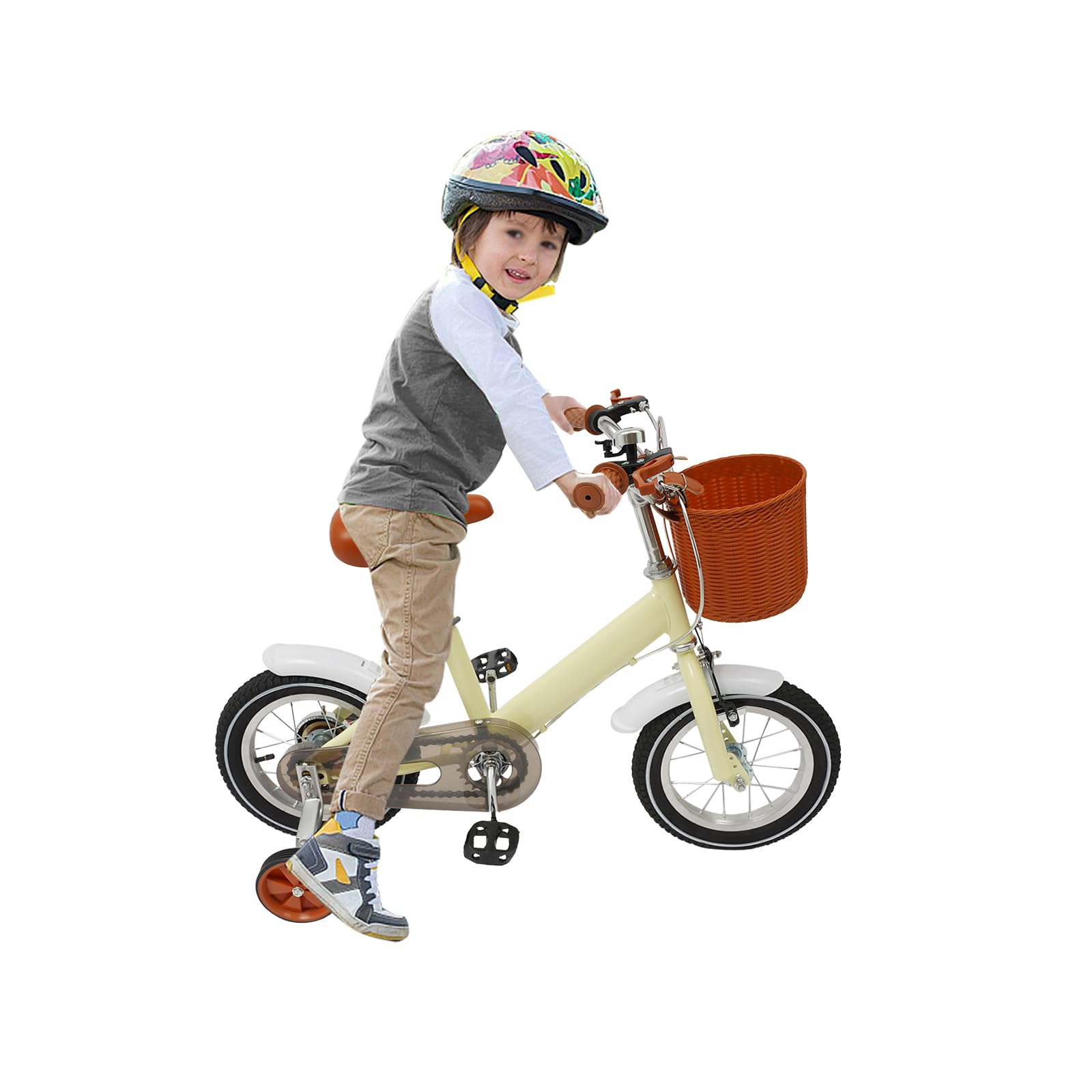 CUMELLIIR Bicicleta infantil de 12 pulgadas, con ruedas protectoras, timbre y cesta, bicicleta para niños a partir de 3, 4, 5 años, niña, niño, amarillo