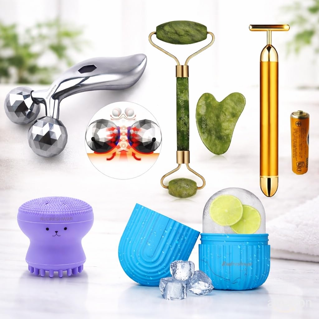 RUDRESHWAR Face Massager Jade Roller & Gua Sha Tool 100% Natural Stone, 3D Manual Body Massager, T Shape Gold Energy Beauty Bar Vibration Facial Massager. Ice Roller Face Massager, Octopus Brush