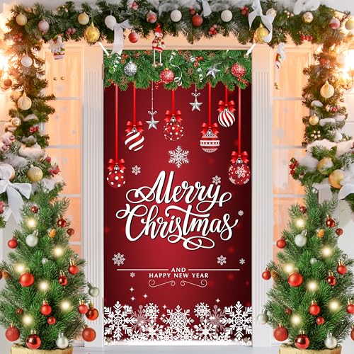 Christmas Ball Ornament Door Cover - Xmas Front Banner Hanging Wall Decorations for New Year Indoor Outside Party Supplies 35 * 70inch