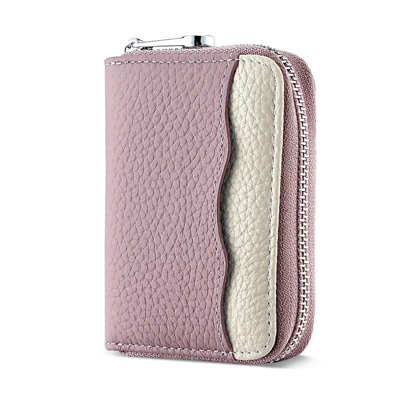 Image of Linno RFID 20 Slots Credit Card Holder Genuine Leather Small Wallet for Women or Men with Zipper, New Purple, 4.1 x 3.3 x 1.2 inches, Fashion Accordion Card Case