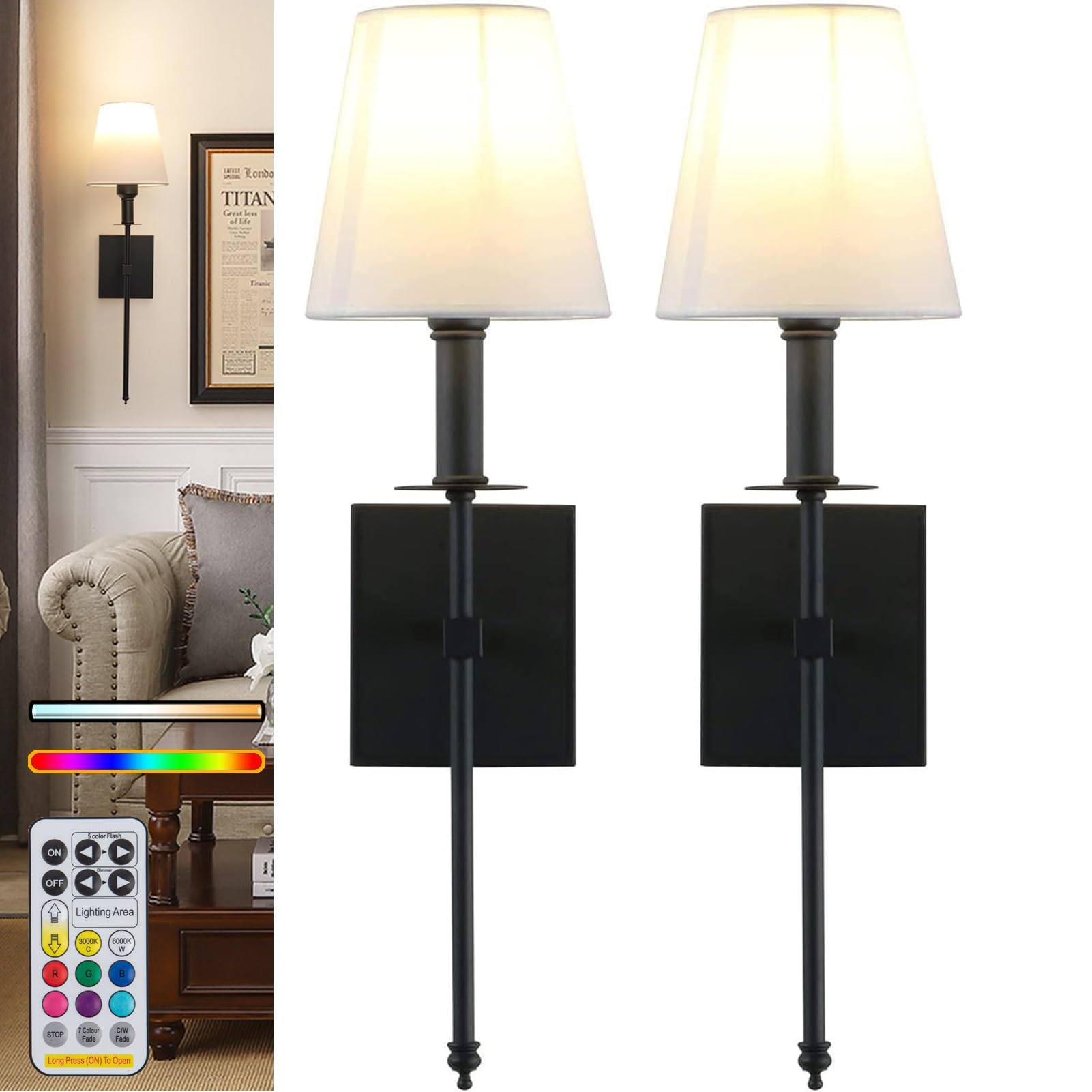 Jengush Black Wall Lights Battery Operated Wall Sconces Set Of 2,Gold Rechargeable Wall Light With Wireless Remote Dimmable,10 Colors Modes Cordless Battery Sconce Indoor Wall Lamp For Bedroom Living Room Hallway(B