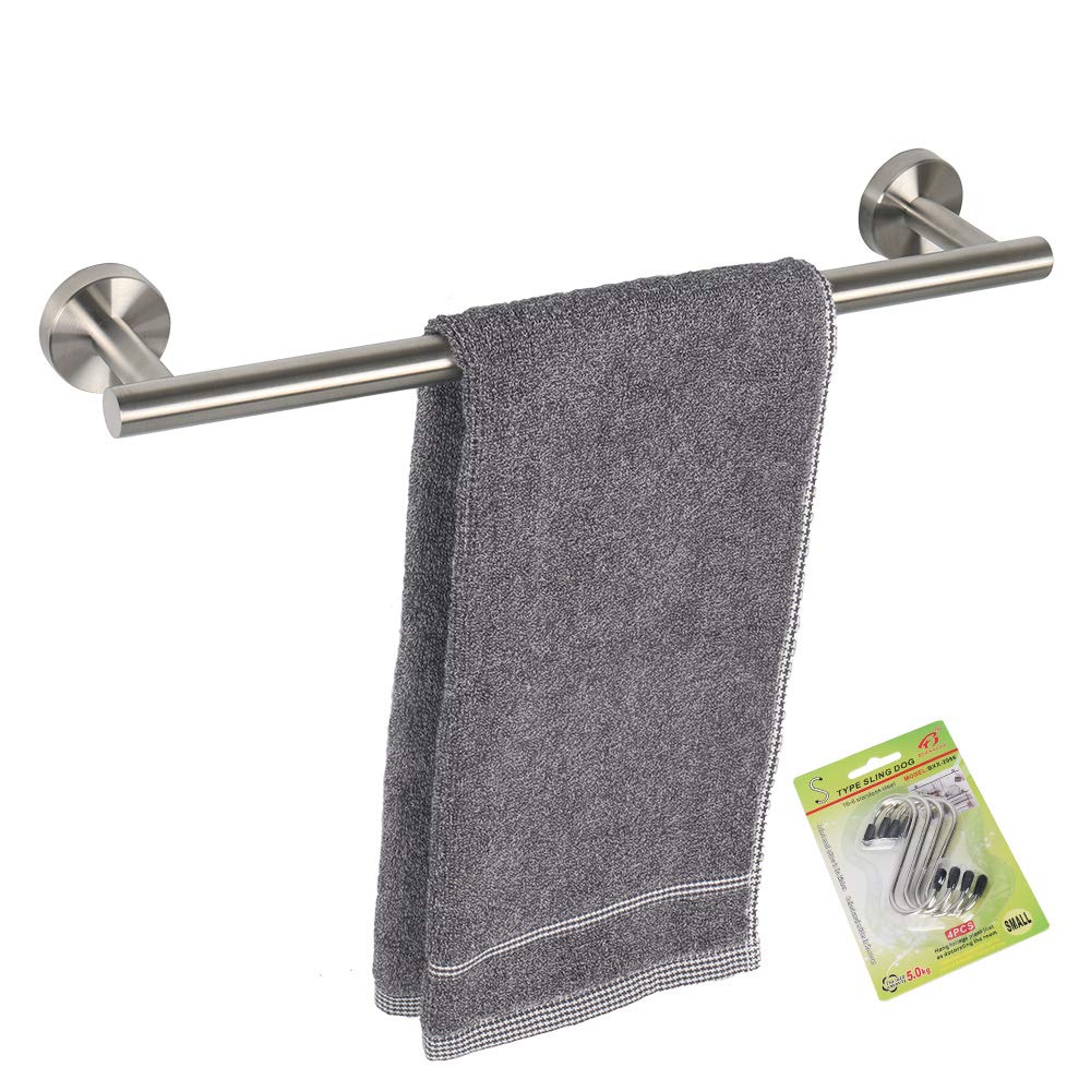 TocTen Bath Towel Bar - Thicken SUS304 Stainless Steel Towel Rack for Bathroom with 4 S Hooks, Bathroom Accessories Towel Rod Heavy Duty Wall Mounted Towel Holder (16IN, Brushed Nickel)