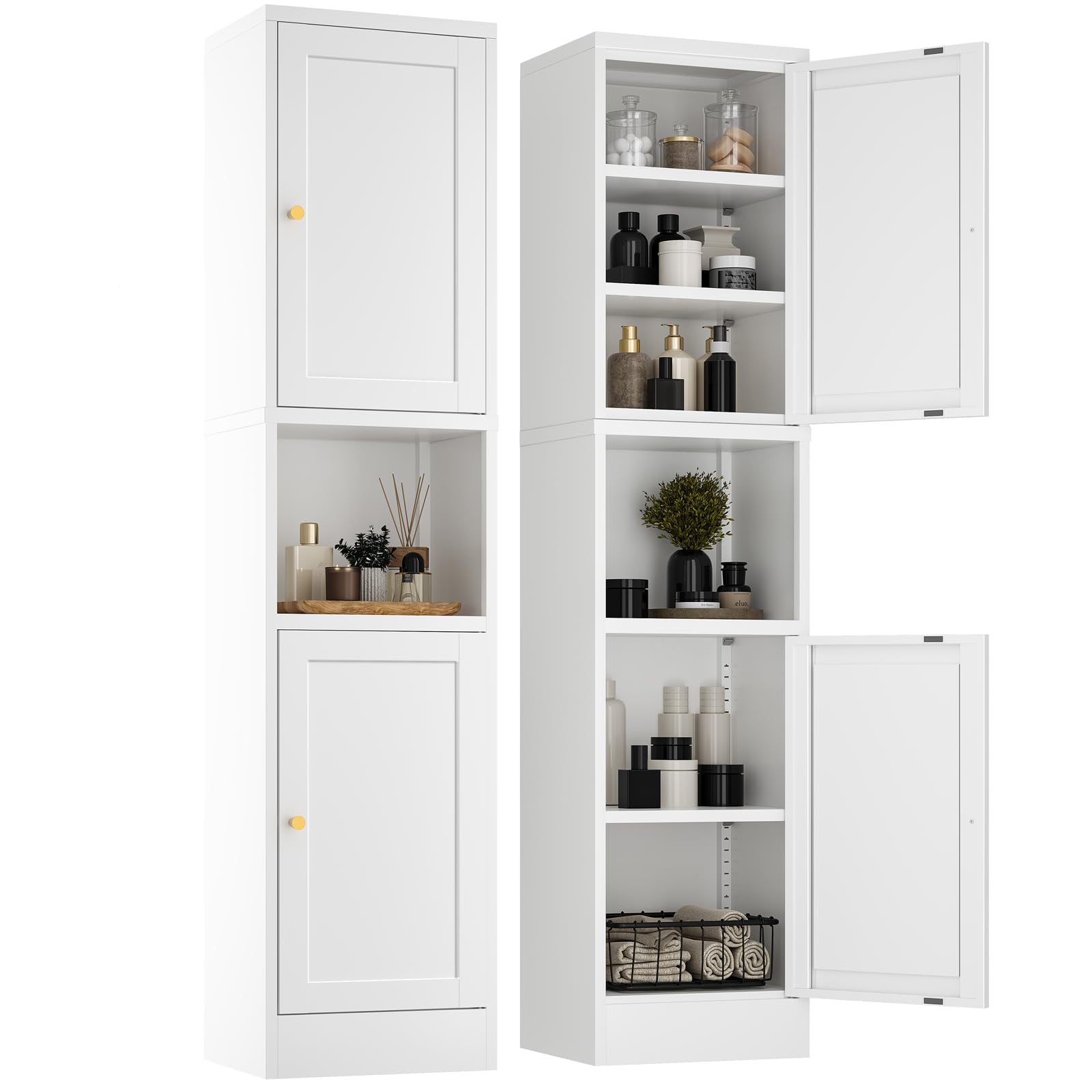 YAUWOH 2-Door Metal Storage Cabinet, Tall Slim Pantry Organizer with 3 Adjustable Shelves (120LBS/Shelf), Anti-Tipping Waterproof Cabinet for Bathroom